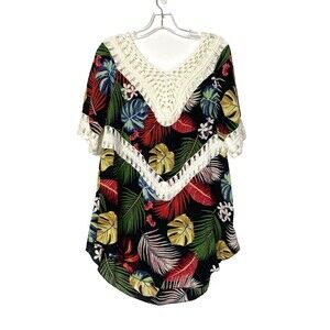 Boho Beach Hawaiia Blouse Crochet Size M/L Leaf Floral Print Multicolor Tropical